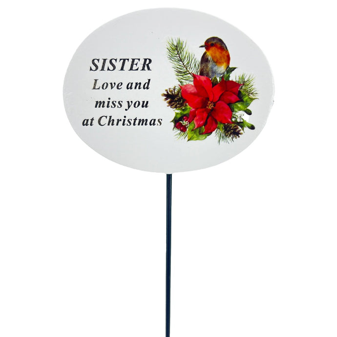 Sister Christmas Xmas Robin Poinsettia Flower Memorial Tribute Stick Graveside Plaque