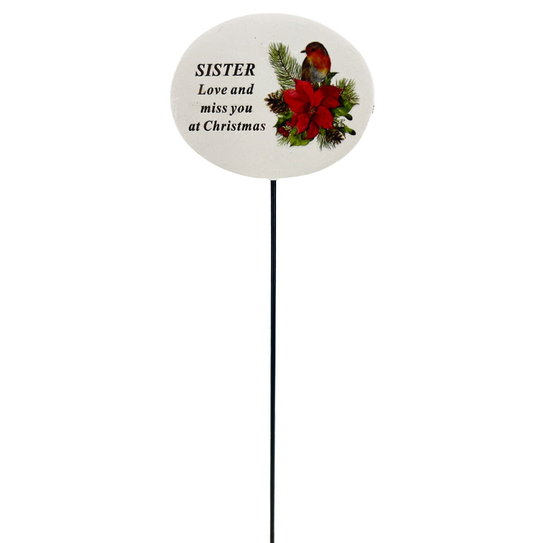 Sister Christmas Xmas Robin Poinsettia Flower Memorial Tribute Stick Graveside Plaque