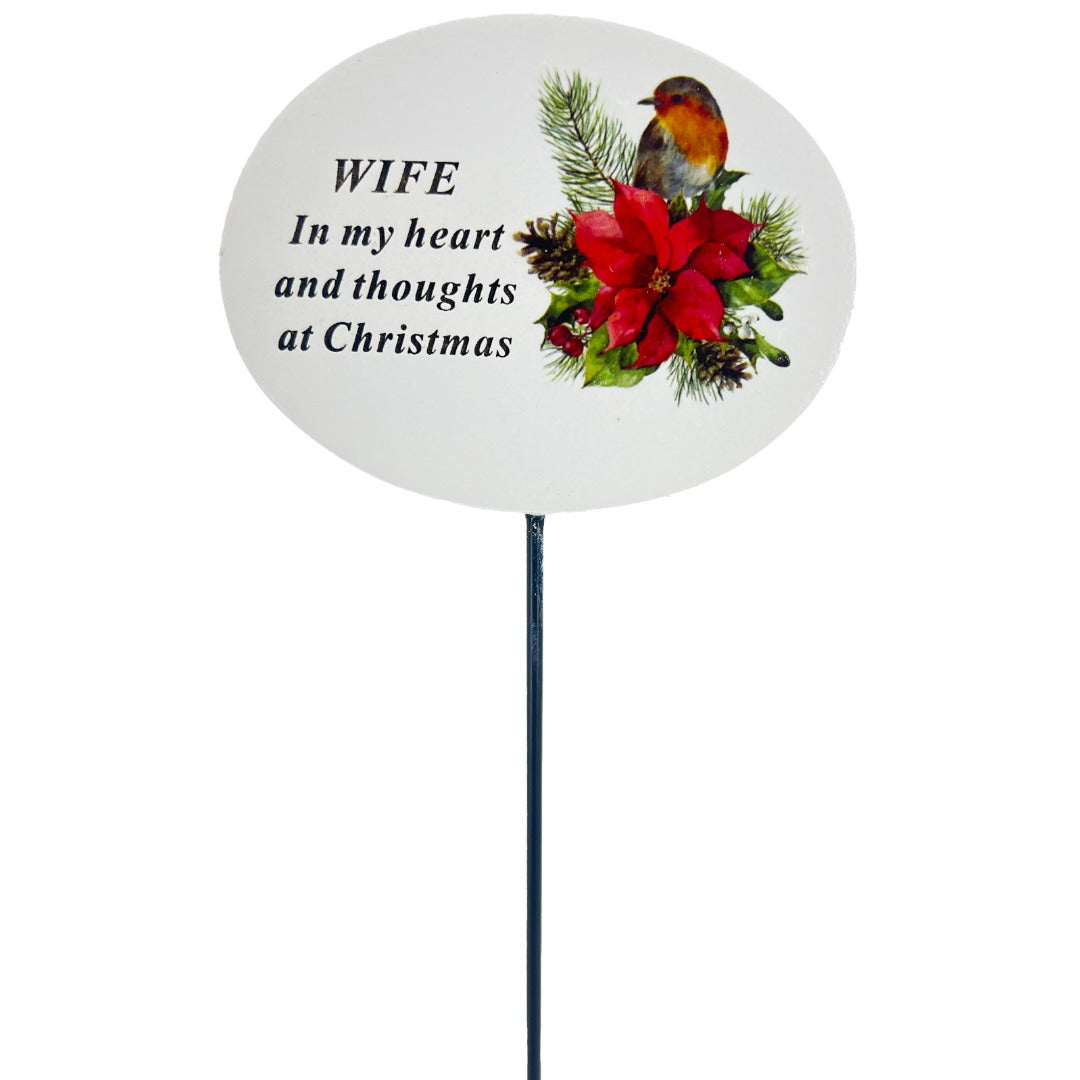Wife Christmas robin poinsettia grave stick