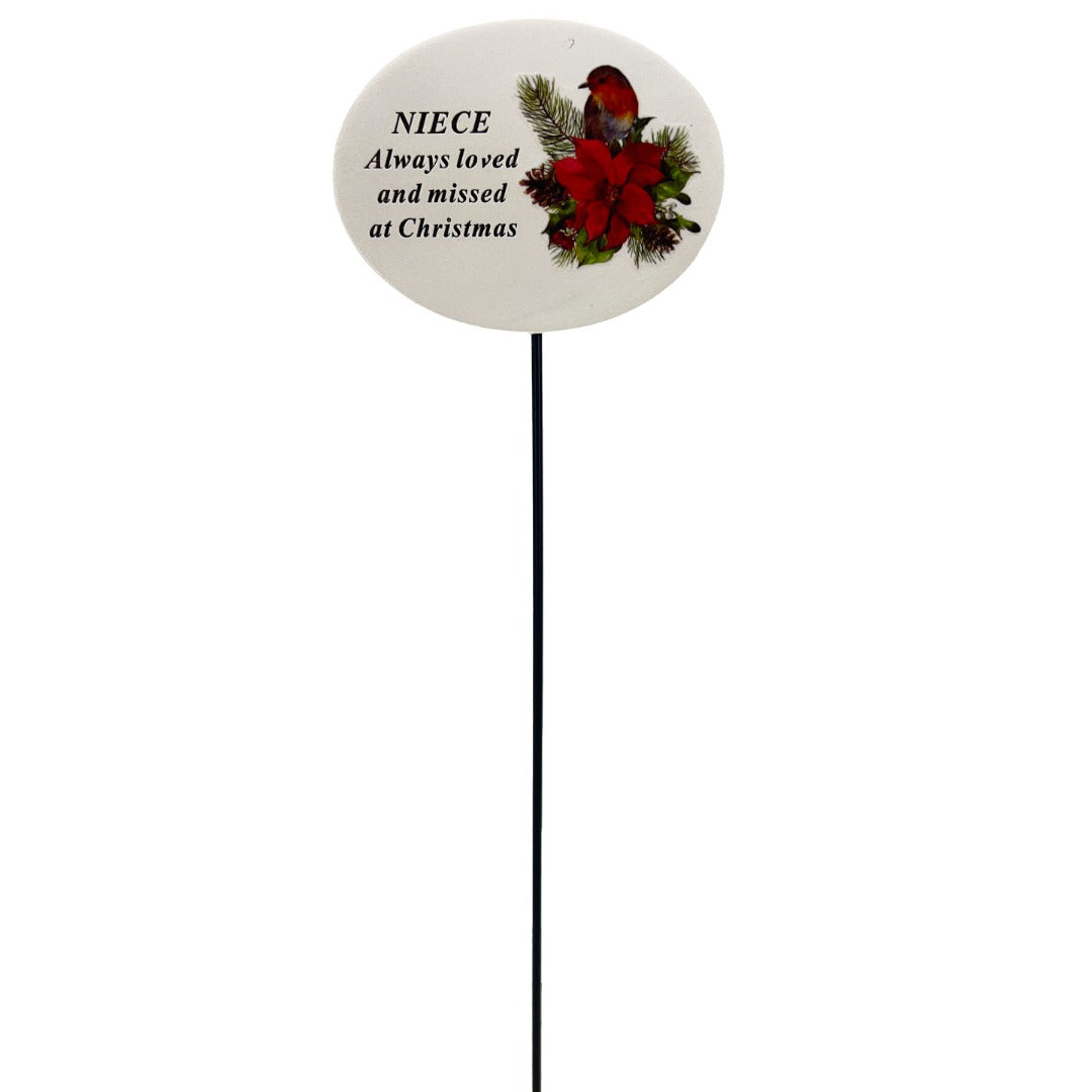 Niece Christmas Xmas Robin Poinsettia Flower Memorial Tribute Stick Graveside Plaque