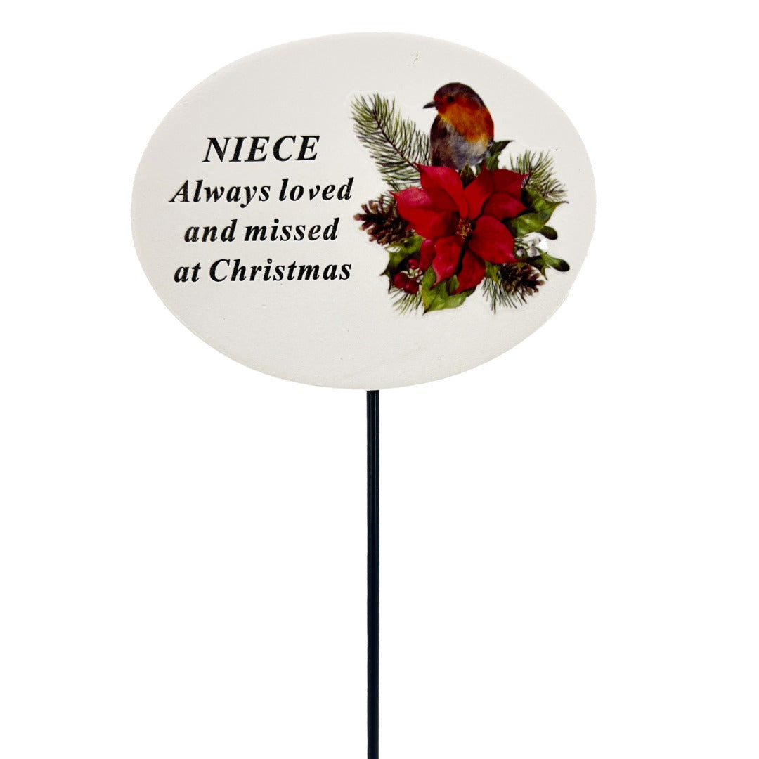 Niece Christmas robin poinsettia memorial grave stick
