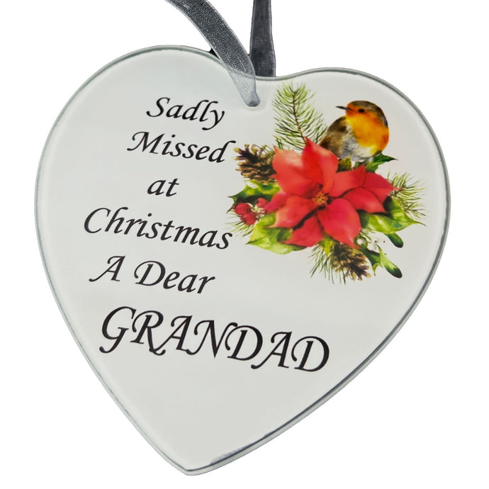 Dear Grandad Christmas Robin Memorial Tree Hanger Hanging Decoration Glass Love Heart Plaque