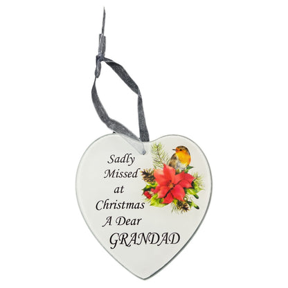 Dear Grandad Christmas Robin Memorial Tree Hanger Hanging Decoration Glass Love Heart Plaque