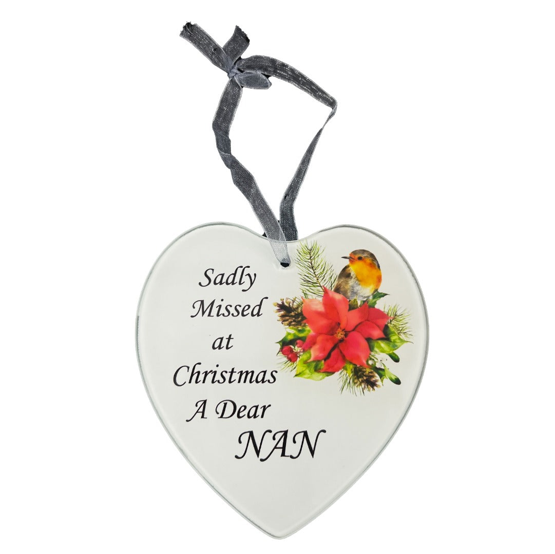 Dear Nan Christmas Robin Memorial Tree Hanger Hanging Decoration Glass Love Heart Plaque