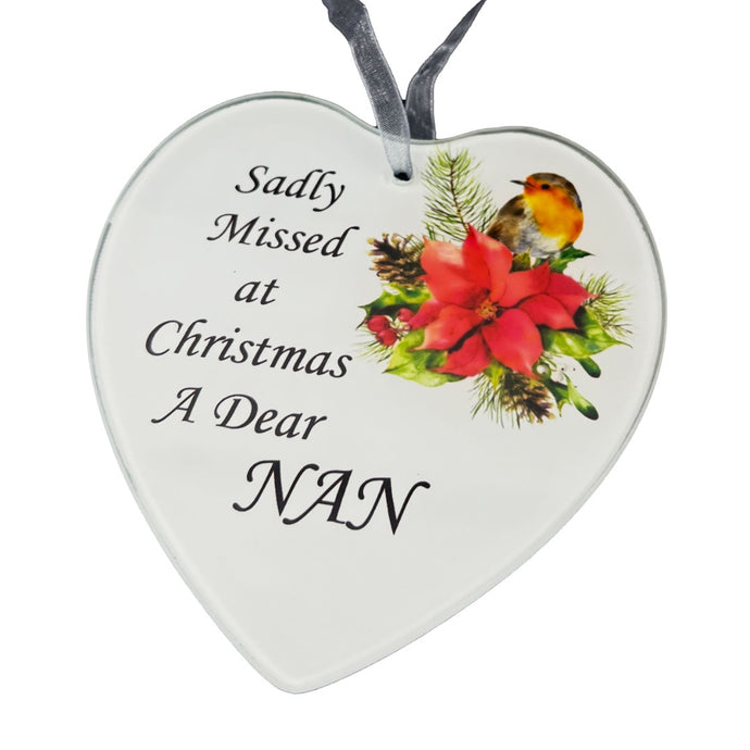 Dear Nan Christmas Robin Memorial Tree Hanger Hanging Decoration Glass Love Heart Plaque