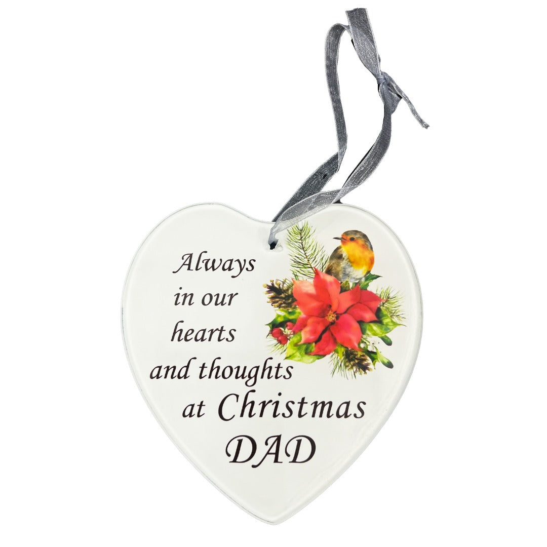 Dear Dad Christmas Robin Memorial Tree Hanger Hanging Decoration Glass Love Heart Plaque