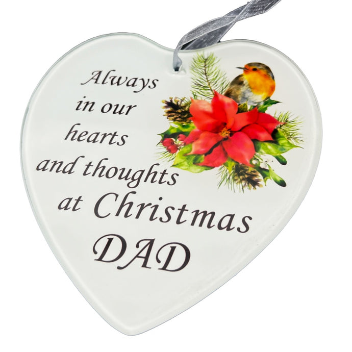 Dear Dad Christmas Robin Memorial Tree Hanger Hanging Decoration Glass Love Heart Plaque