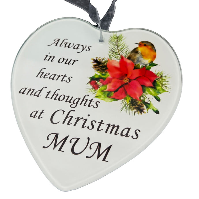 Dear Mum Christmas Robin Memorial Tree Hanger Hanging Decoration Glass Love Heart Plaque