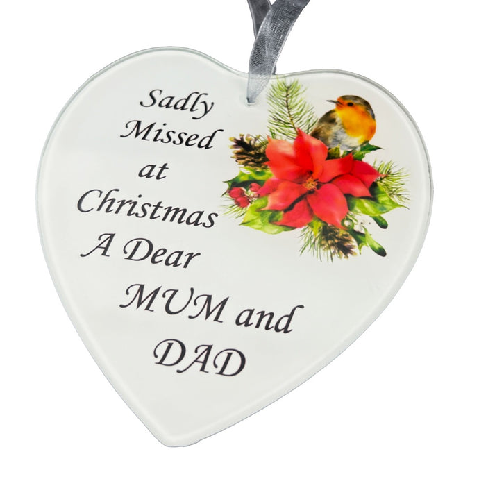 Dear Mum and Dad Christmas Robin Memorial Tree Hanger Hanging Decoration Glass Love Heart Plaque