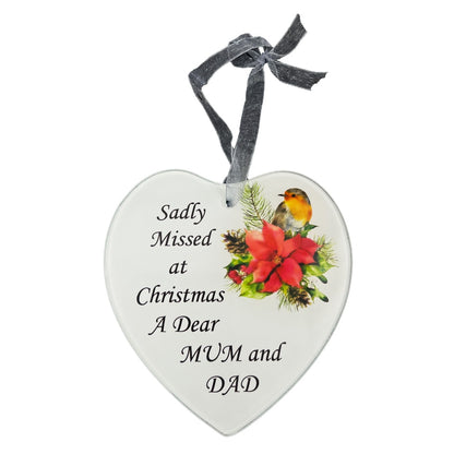 Dear Mum and Dad Christmas Robin Memorial Tree Hanger Hanging Decoration Glass Love Heart Plaque