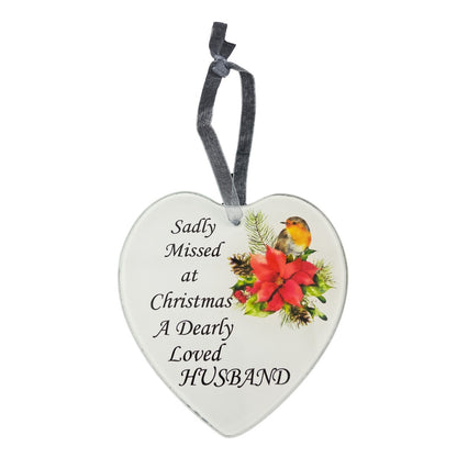 Dearly Loved Husband Christmas Robin Memorial Tree Hanger Hanging Decoration Glass Love Heart Plaque