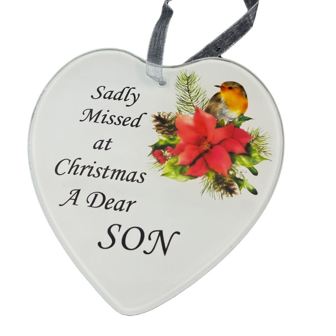 Dear Son Christmas Robin Memorial Tree Hanger Hanging Decoration Glass Love Heart Plaque