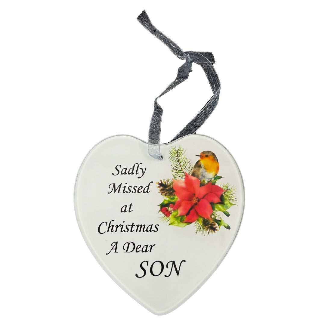 Dear Son Christmas Robin Memorial Tree Hanger Hanging Decoration Glass Love Heart Plaque