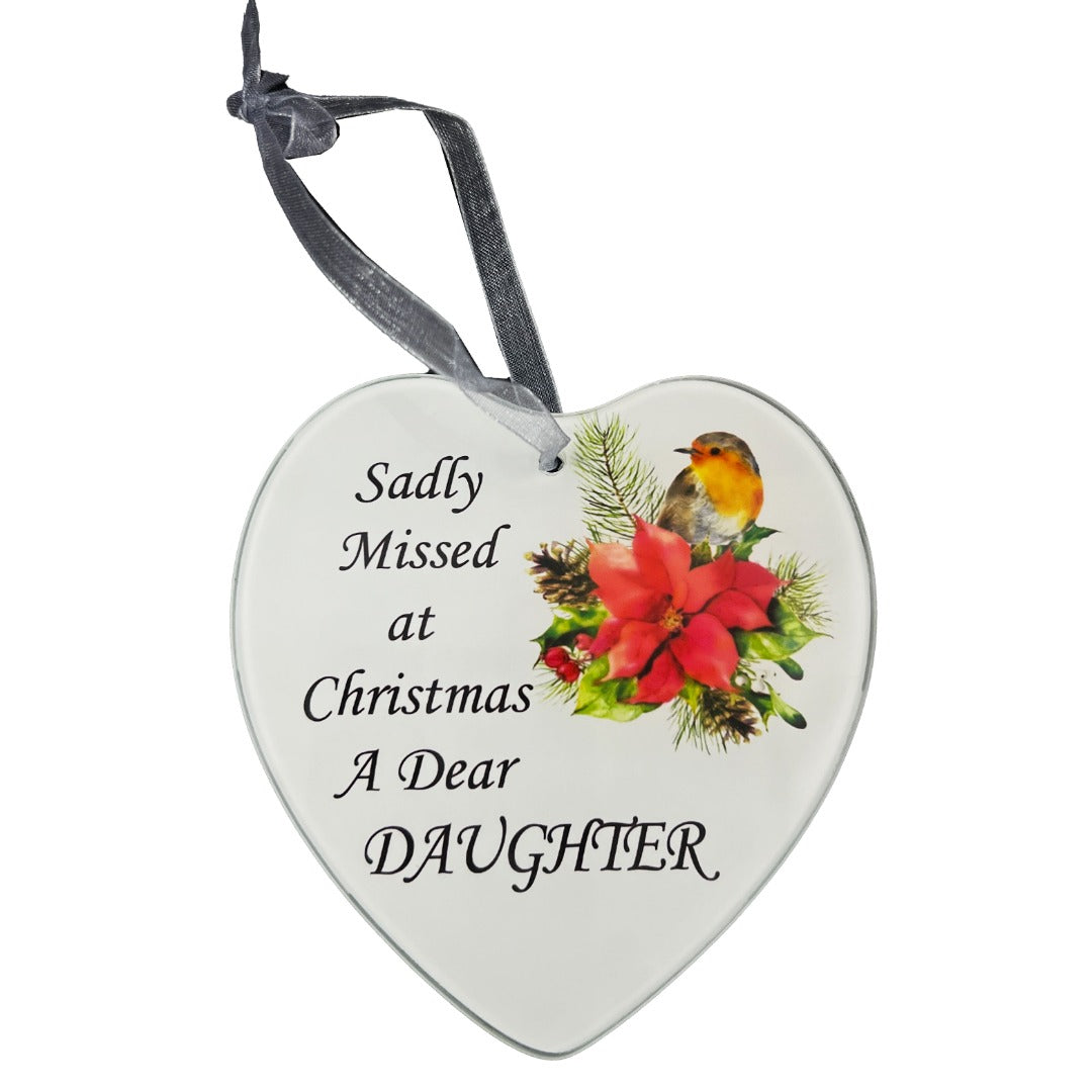 Dear Daughter Christmas Robin Memorial Tree Hanger Hanging Decoration Glass Love Heart