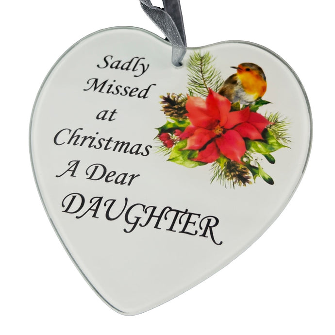 Dear Daughter Christmas Robin Memorial Tree Hanger Hanging Decoration Glass Love Heart