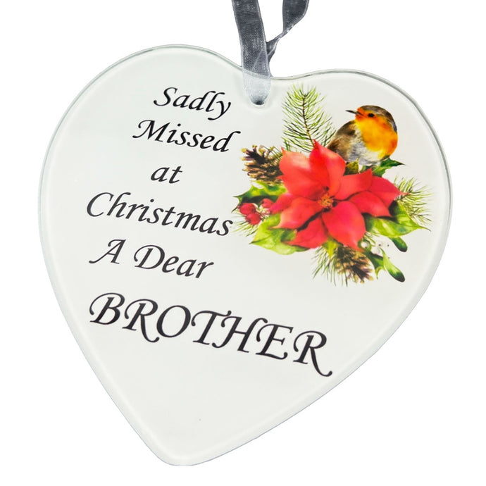 Dear Brother Christmas Robin Memorial Tree Hanger Hanging Decoration Glass Love Heart Plaque