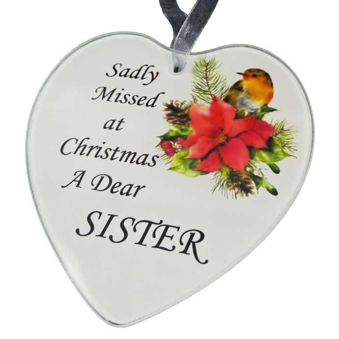 Dear Sister Christmas Robin Memorial Tree Hanger Hanging Decoration Glass Love Heart Plaque