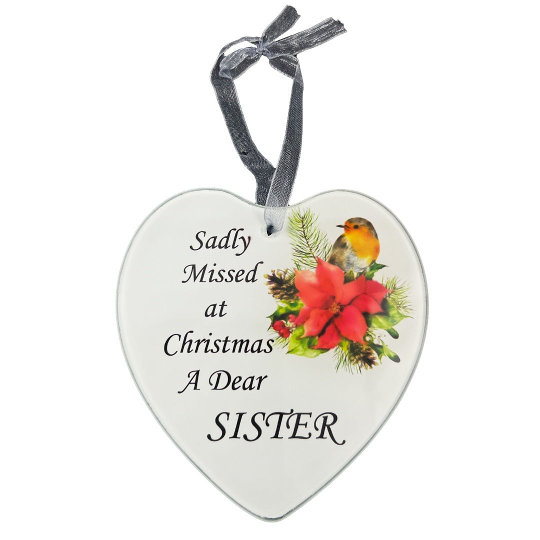 Dear Sister Christmas Robin Memorial Tree Hanger Hanging Decoration Glass Love Heart Plaque