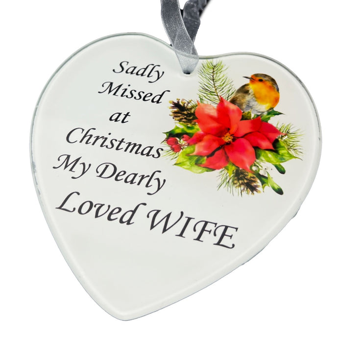 Dearly Loved Wife Christmas Robin Memorial Tree Hanger Hanging Decoration Glass Love Heart Plaque