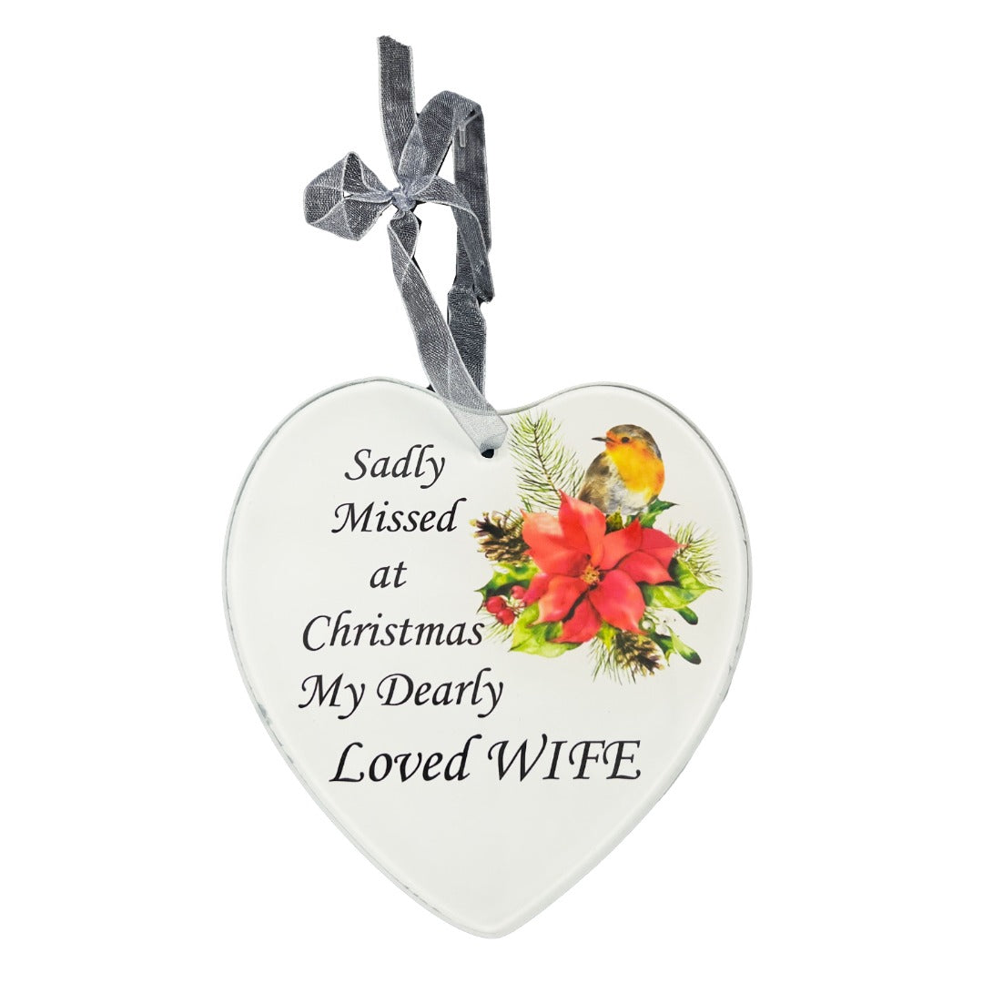 Dearly Loved Wife Christmas Robin Memorial Tree Hanger Hanging Decoration Glass Love Heart Plaque