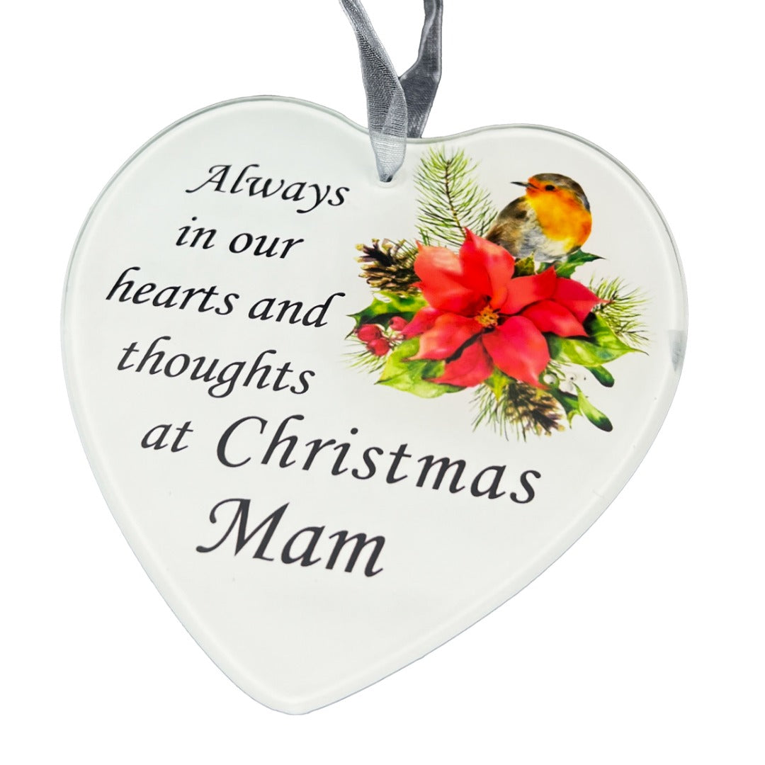 Mam Christmas robin glass heart memorial tree hanger