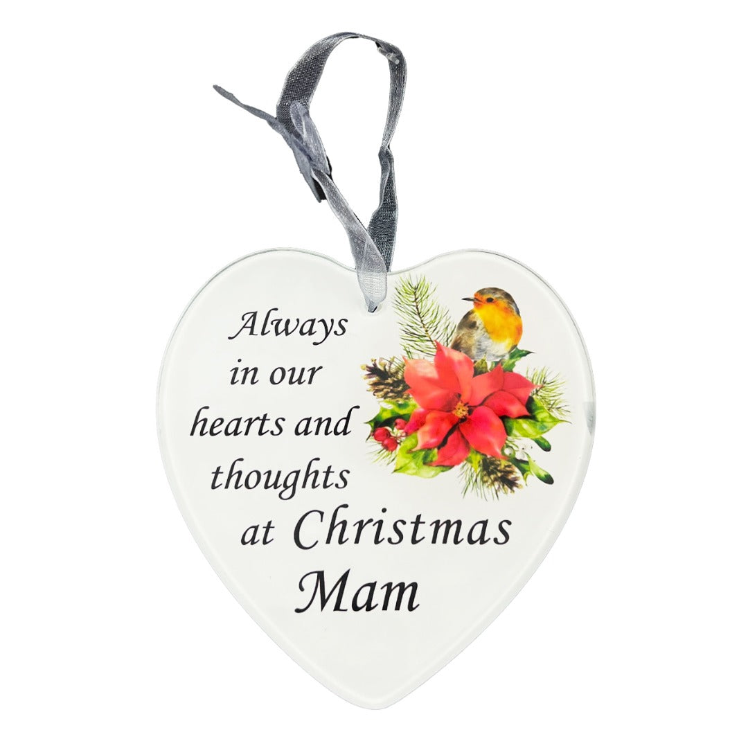 Mam Christmas robin glass heart memorial tree hanger front view