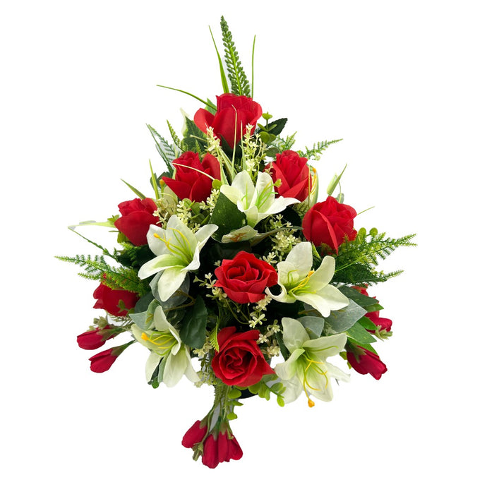 Aoife Red White Rose Lily Artificial Flower Graveside Cemetery Memorial Arrangement Flat Back