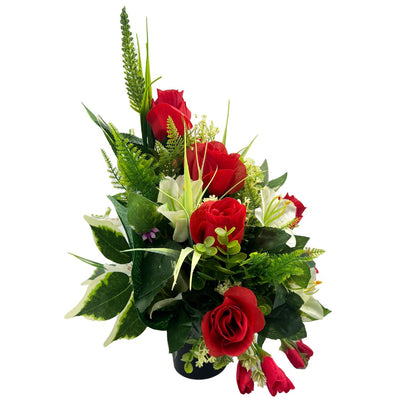 Aoife Red White Rose Lily Artificial Flower Graveside Cemetery Memorial Arrangement Flat Back
