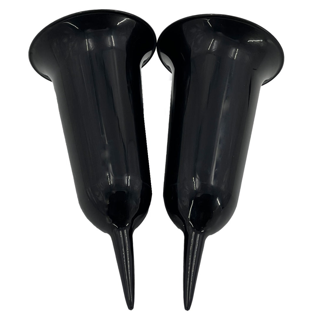 Set of 2 Plain Black Fluted Spiked Memorial Grave Cemetery Garden Plastic Spike Flower Containers Vases
