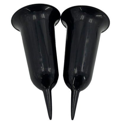 Set of 2 Plain Black Fluted Spiked Memorial Grave Cemetery Garden Plastic Spike Flower Containers Vases