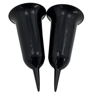 Set of 2 Plain Black Fluted Spiked Memorial Grave Cemetery Garden Plastic Spike Flower Containers Vases