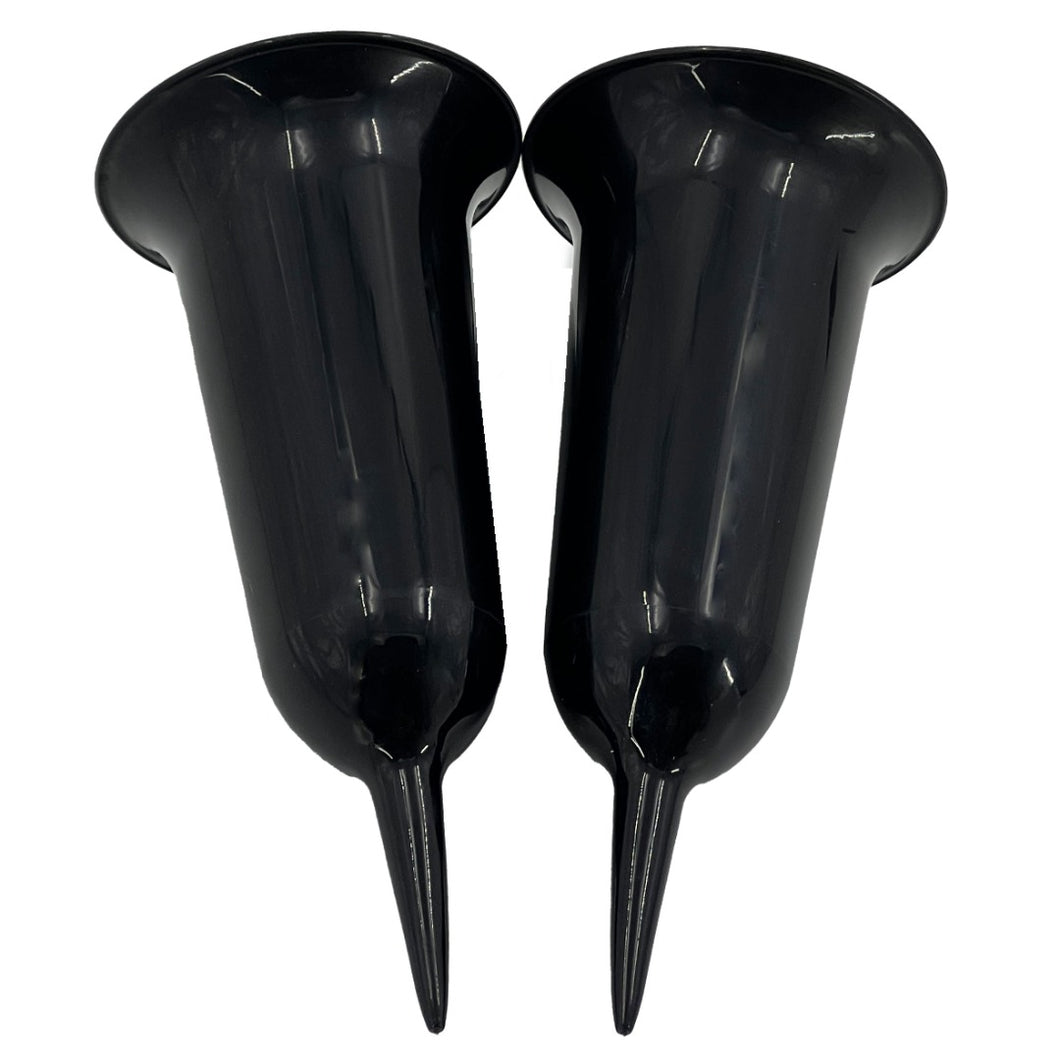 Set of 2 Plain Black Fluted Spiked Memorial Grave Cemetery Garden Plastic Spike Flower Containers Vases