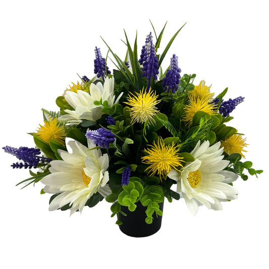 Daisy lavender cemetery flowers in a black memorial pot