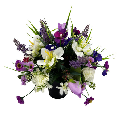 Gracey Purple Lily Rose Carnation Artificial Flower Graveside Cemetery Memorial Arrangement Pot