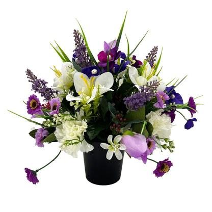 Gracey Purple Lily Rose Carnation Artificial Flower Graveside Cemetery Memorial Arrangement Pot