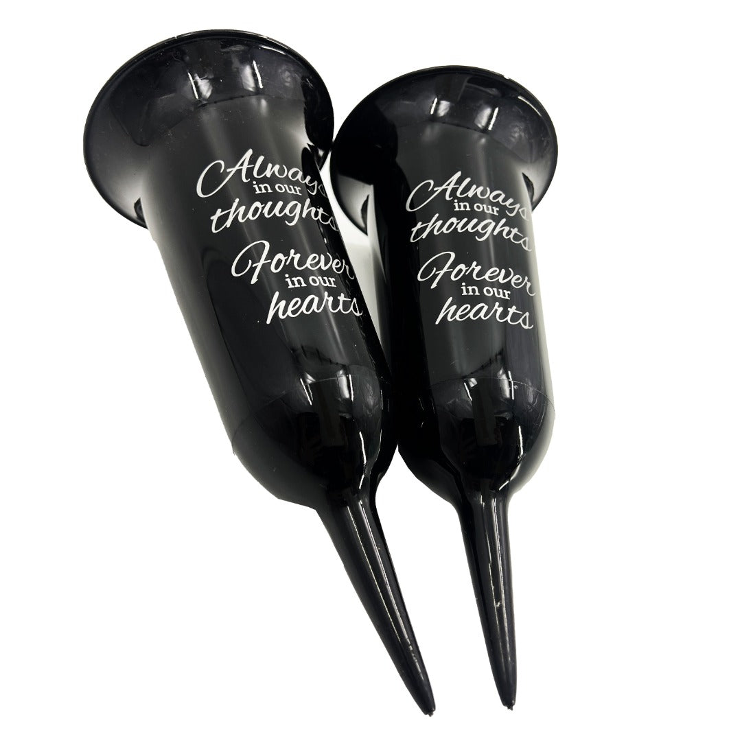 Set of 2 Black and Silver Forever in Our Hearts Fluted Spiked Memorial Grave Flower Vases