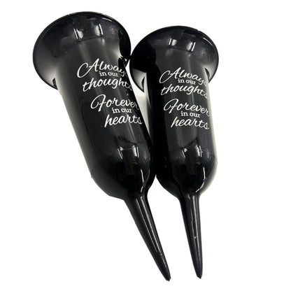 Set of 2 Black and Silver Forever in Our Hearts Fluted Spiked Memorial Grave Flower Vases