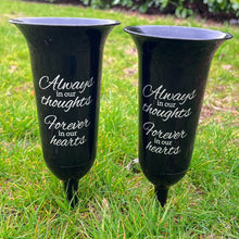 Load image into Gallery viewer, Set of 2 Black and Silver Forever in Our Hearts Fluted Spiked Memorial Grave Flower Vases