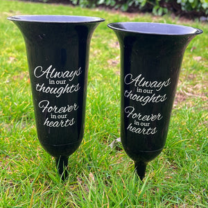 Set of 2 Black and Silver Forever in Our Hearts Fluted Spiked Memorial Grave Flower Vases