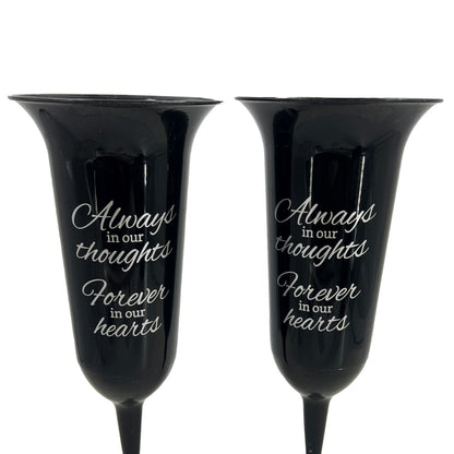 Set of 2 Black and Silver Forever in Our Hearts Fluted Spiked Memorial Grave Flower Vases