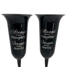 Load image into Gallery viewer, Set of 2 Black and Silver Forever in Our Hearts Fluted Spiked Memorial Grave Flower Vases