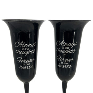 Set of 2 Black and Silver Forever in Our Hearts Fluted Spiked Memorial Grave Flower Vases