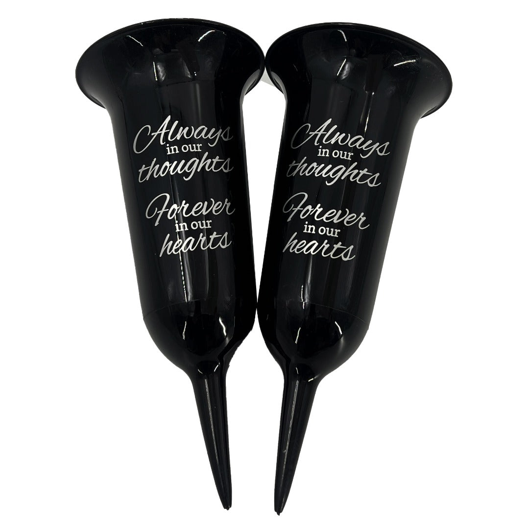 Set of 2 Black and Silver Forever in Our Hearts Fluted Spiked Memorial Grave Flower Vases