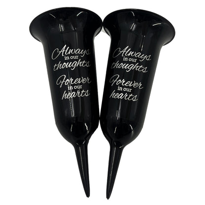 Set of 2 Black and Silver Forever in Our Hearts Fluted Spiked Memorial Grave Flower Vases