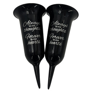 Set of 2 Black and Silver Forever in Our Hearts Fluted Spiked Memorial Grave Flower Vases