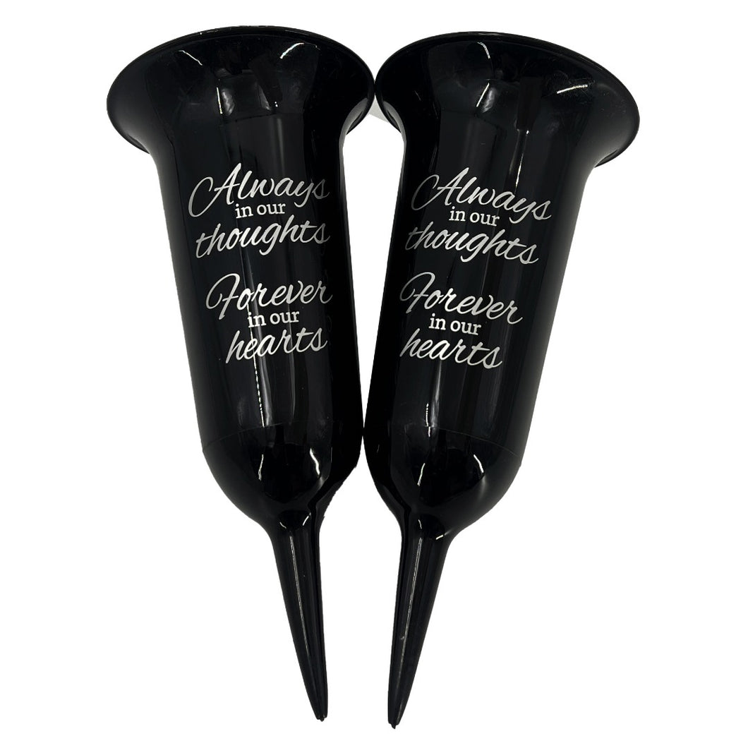 Set of 2 Black and Silver Forever in Our Hearts Fluted Spiked Memorial Grave Flower Vases