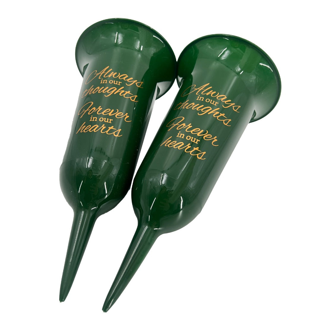 Set of 2 Green and Gold Forever in Our Hearts Fluted Spiked Memorial Grave Flower Vases