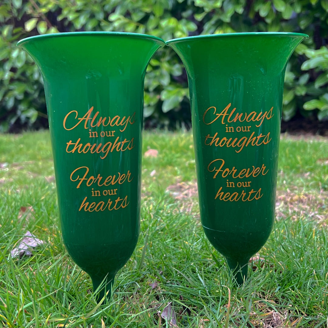 Set of 2 Green and Gold Forever in Our Hearts Fluted Spiked Memorial Grave Flower Vases