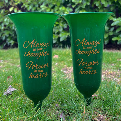 Set of 2 Green and Gold Forever in Our Hearts Fluted Spiked Memorial Grave Flower Vases