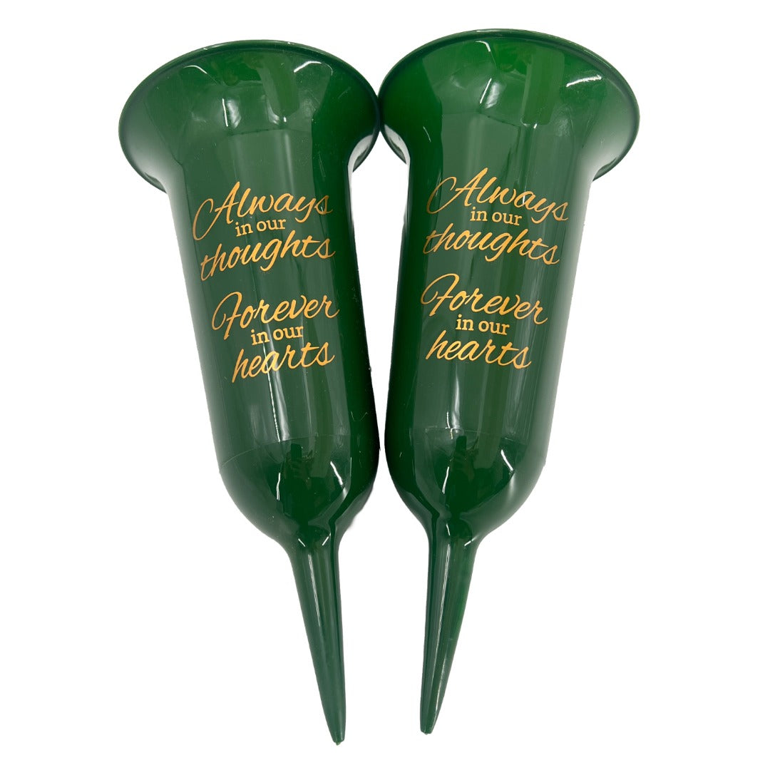 Set of 2 Green and Gold Forever in Our Hearts Fluted Spiked Memorial Grave Flower Vases